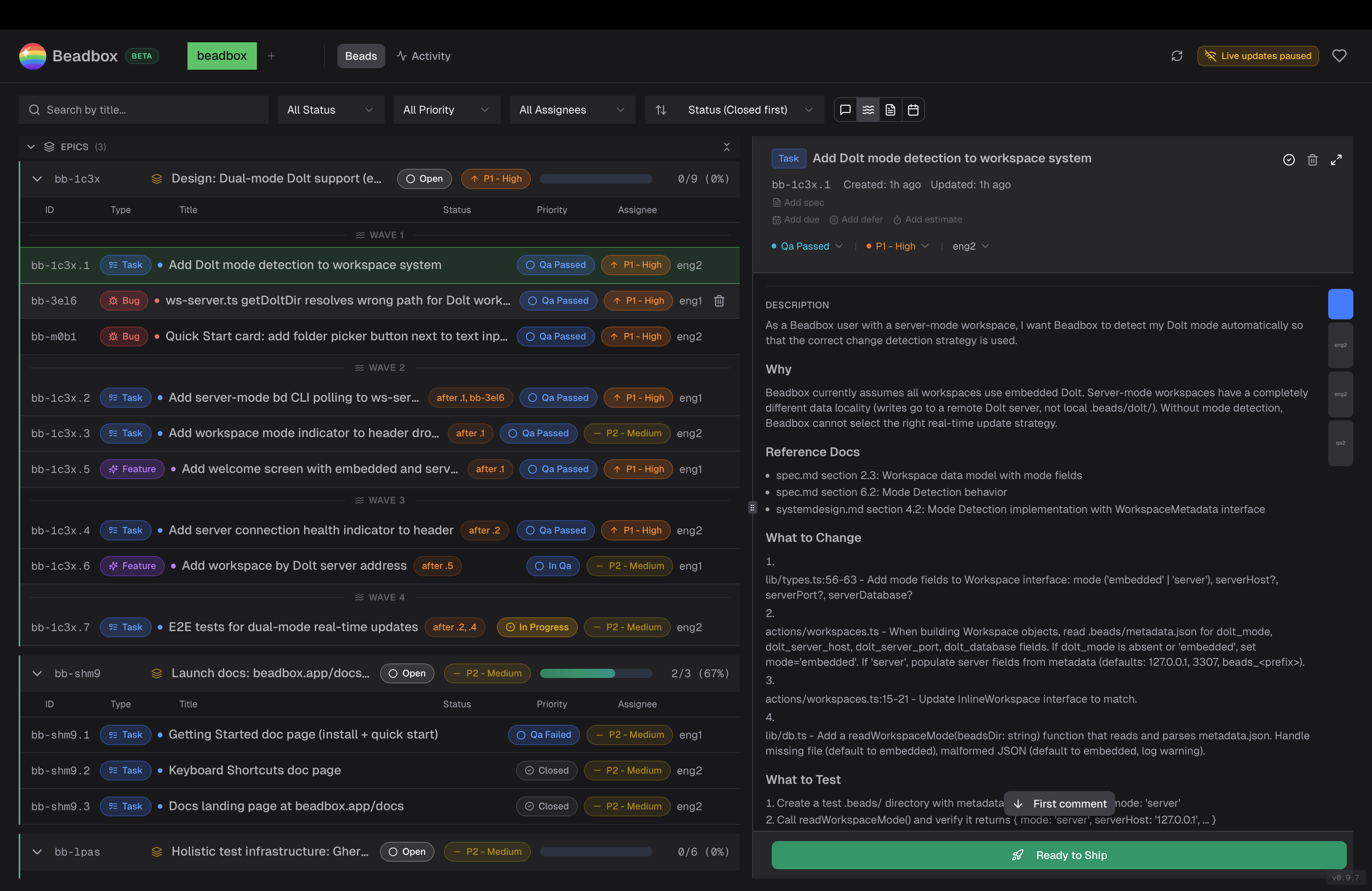 Beadbox main screen showing the epic tree on the left, detail panel on the right, and filter bar at the top