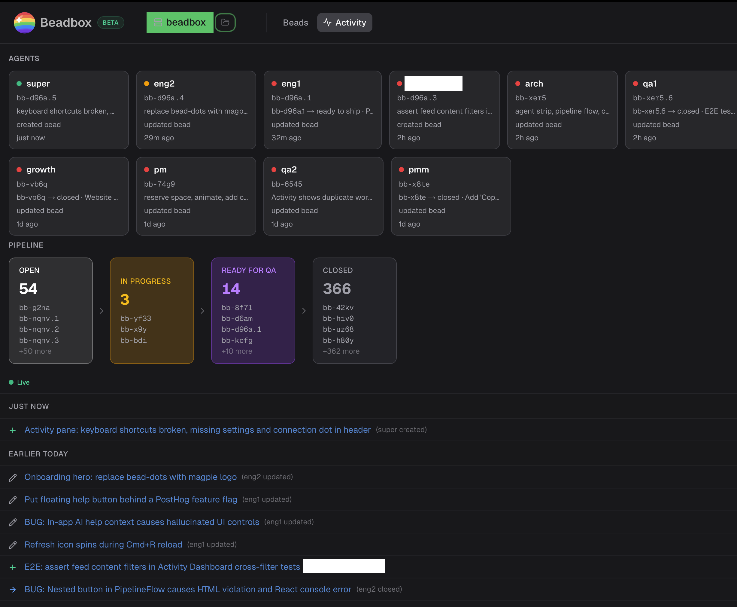 Activity dashboard showing agent status cards, pipeline stages, and real-time activity feed